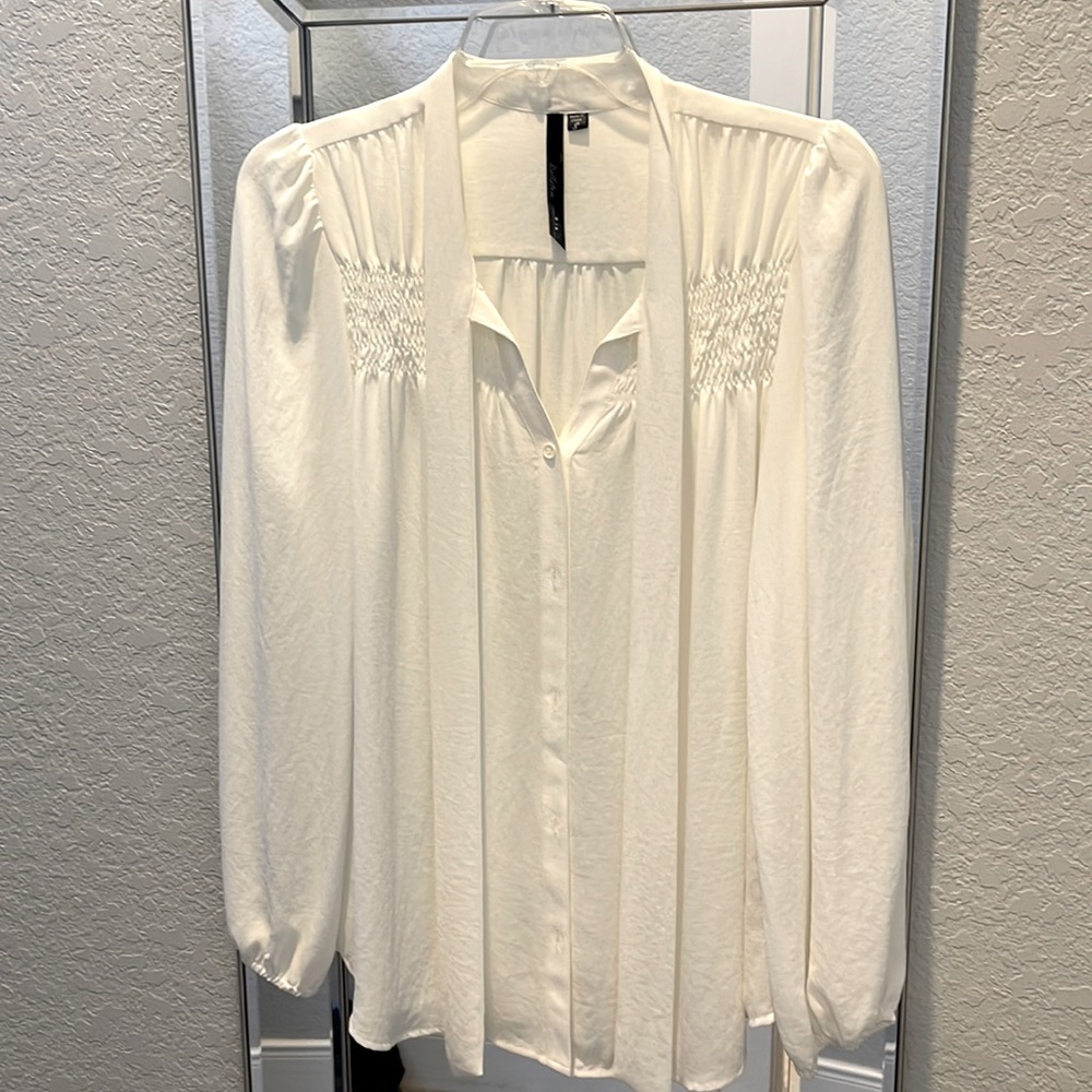 White long sleeve blouse with tie, size small